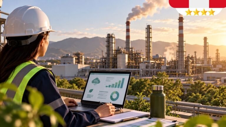 Profesional revisando en su laptop los datos de emisiones de una planta industrial para Huella de Carbono Perú